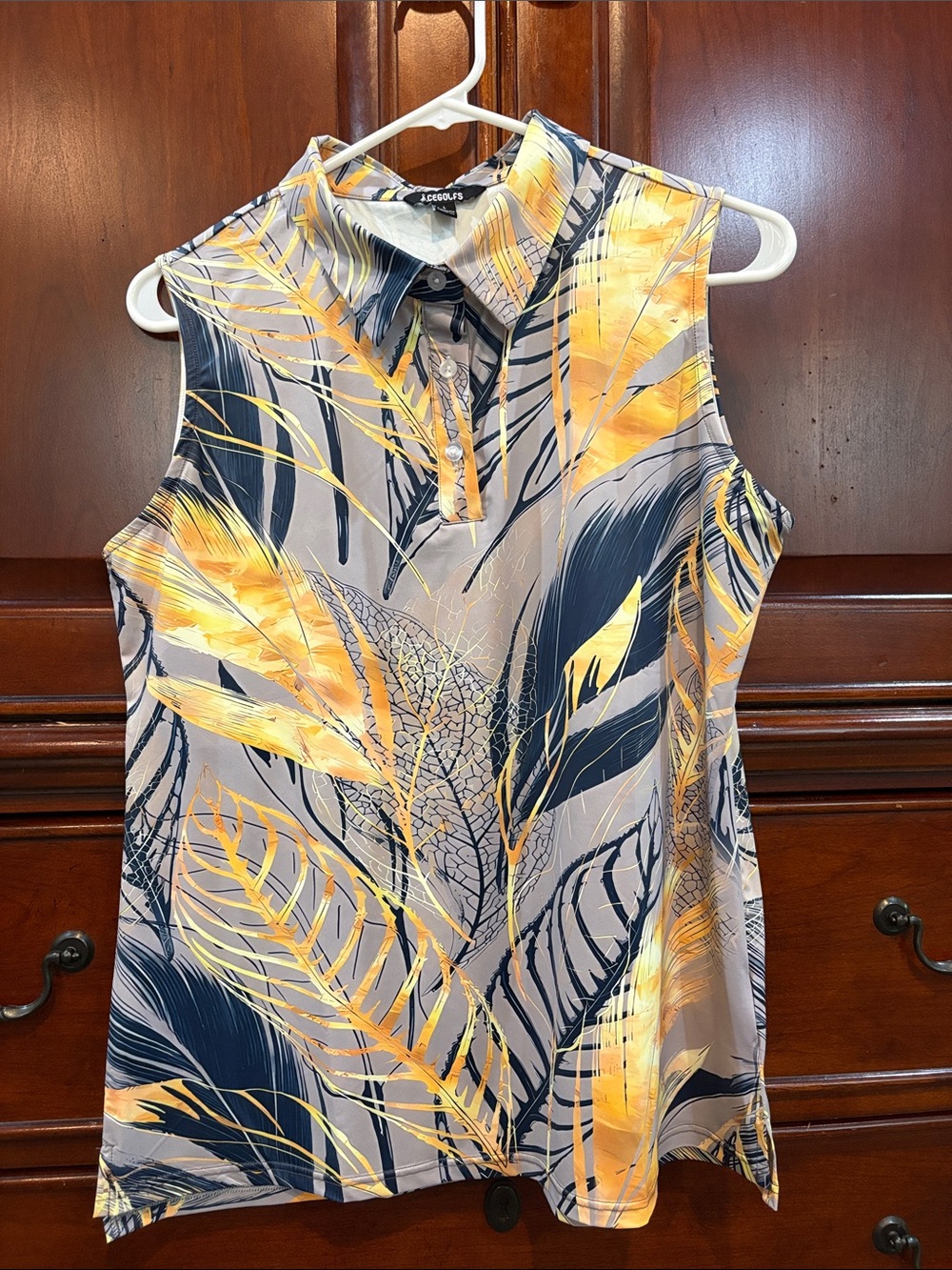 Sleeveless Tropical Print Polo Tank - Yellow & Navy